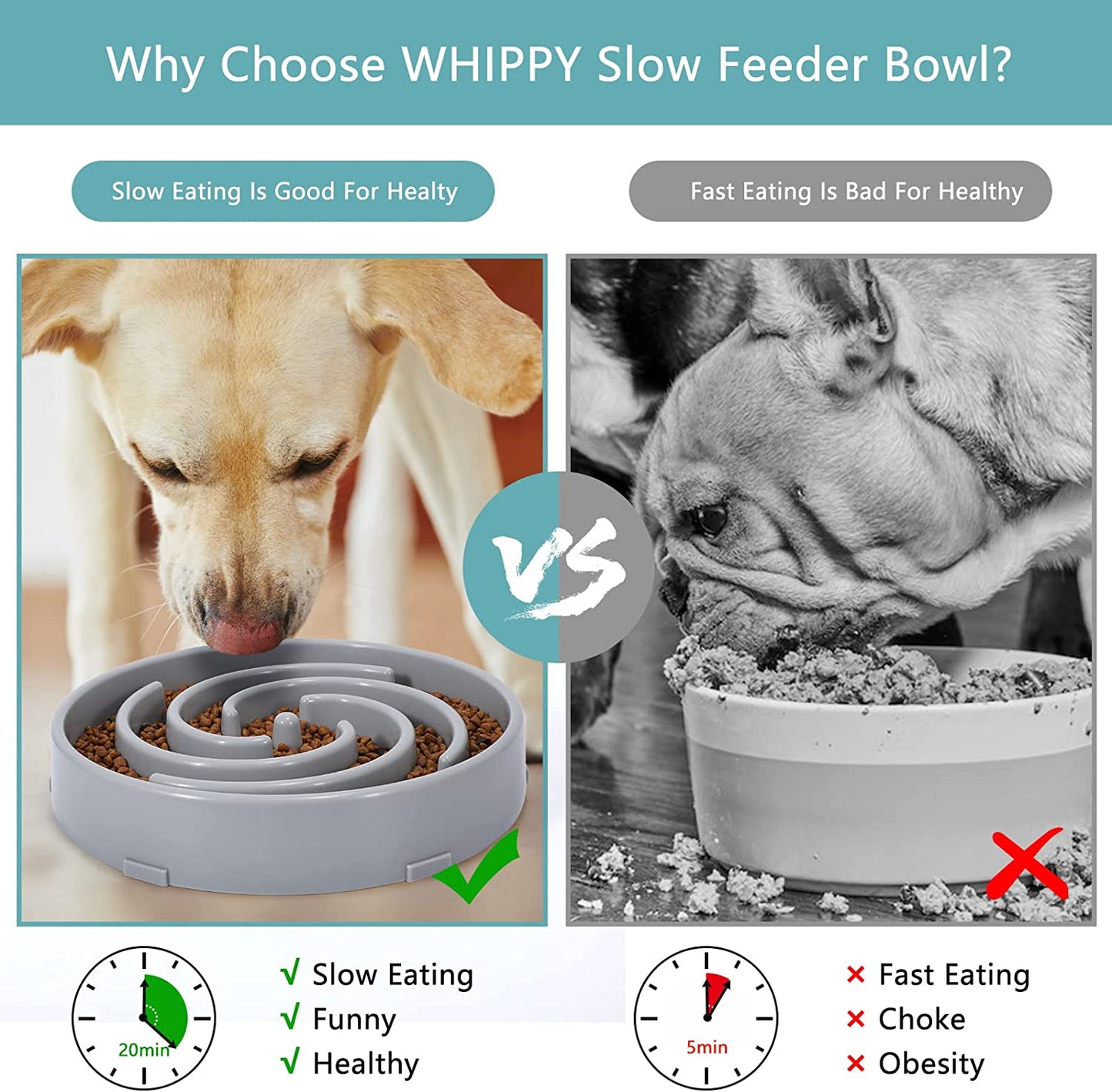 Slow Feeder Dog Bowl – Large Size Anti-Gulping Puzzle Dish (Gray)