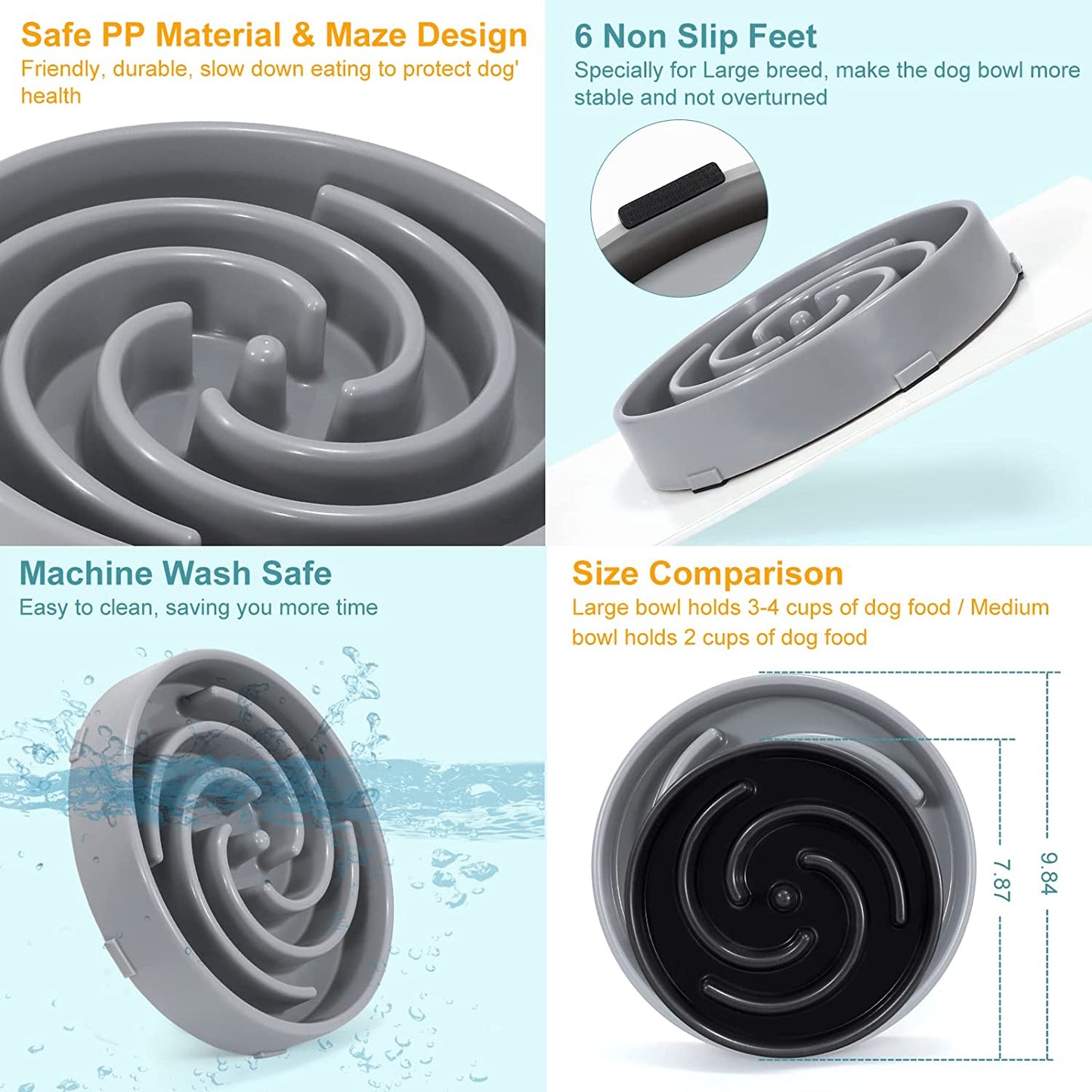 Slow Feeder Dog Bowl – Large Size Anti-Gulping Puzzle Dish (Gray)